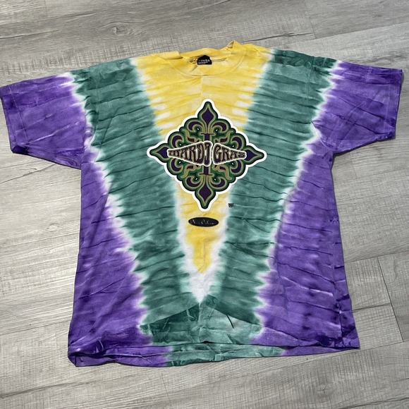 Vtg Screen Stars Single Stitch Mardi‎ Gras T shirt Tie Dye XL Tees Unlimited 90s - Picture 1 of 10